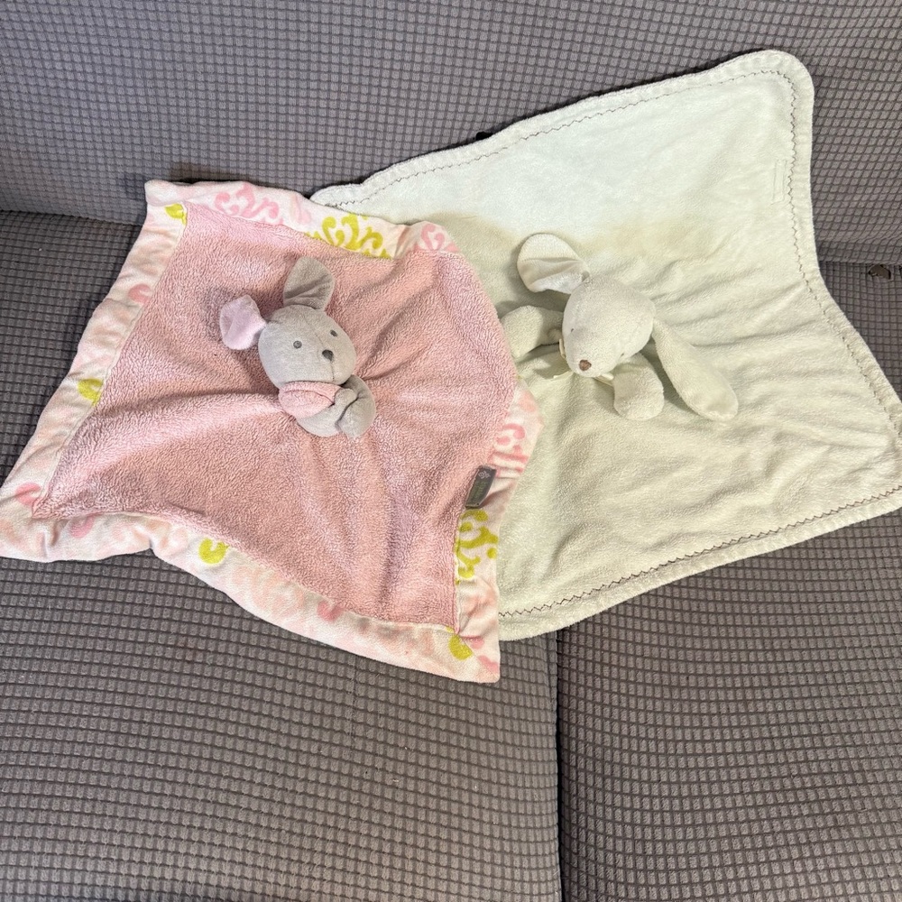 Blankets & Beyond Plush Baby Bunny Lovey Security Blanket Set Of 2 Pink & Green